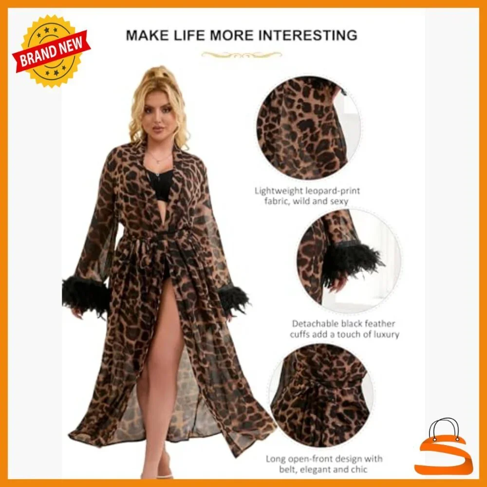 Plus Size Sheer Feather Robe Chiffon Lingerie Mesh Bridal Lounge